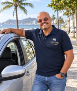 Lucivaldo Couto, instrutor de direção em Itaparica e Vera Cruz, ao lado de um carro